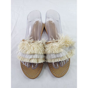 Mystique Sandals Beige & White Fringe With Wood Bead Embellishment Women's Sz 9
